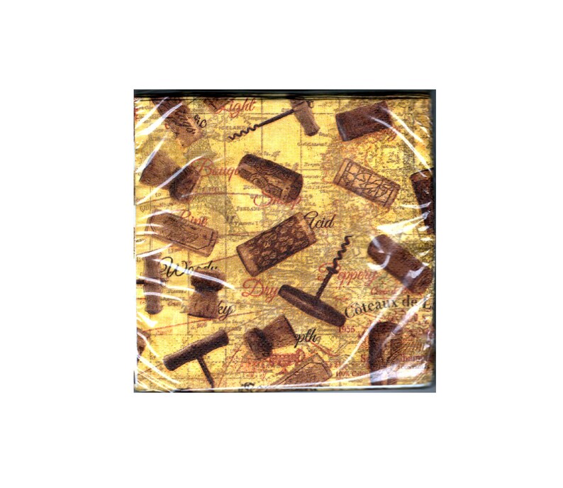 Set of 24 Wine Cork Beverage Napkins 5 Images of Corks and Cork Screws