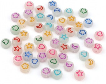 Glow in the Dark 7mm Coin Beads with a Variety of Shapes, Set of 25, With Stars, Moons, Hearts, and Flowers