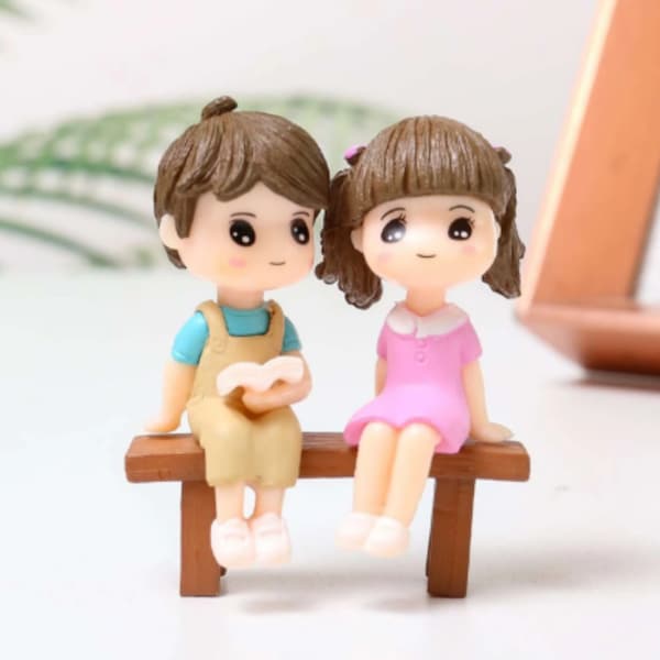 Sitting Couple Reading a Book Miniature Figurines with a Boy and a Girl, Bench is included, Made of Resin