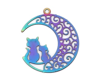 Cat on the Moon Filigree Stainless Steel Rainbow Charm, Set of 10, 22mm x 20mm, Halloween Kitten Night time Charm