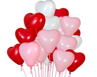 Pink, Red, and White Heart Shaped Balloons, Set of 12, 12 inch, Great for Valentines Dances, Anniversary Party, or Birthday Party