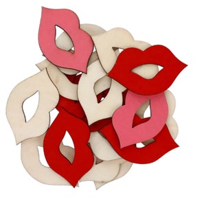 Wooden Lip Cutouts in Pink and Red, Set of 18, 2.25 x 1.25 inches