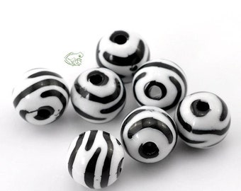 Zebra Print Acrylic Ball Beads, Set of 20, 12mm, Safari Animal Print Spacer Beads