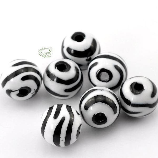 Zebra Print Acrylic Ball Beads, Set of 20, 12mm, Safari Animal Print Spacer Beads