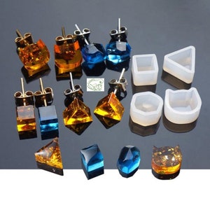 Earring Stud Mold with 8 pieces, 2 triangles, 2 cats, 2 squares, and 2 hexagons