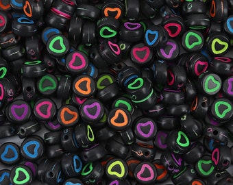 Heart Beads in Black with Neon Colors, 7mm, Set of 25 with Pink, Orange, Green, Blue, Yellow, and Purple Hearts