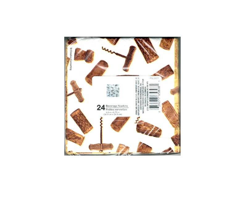 Set of 24 Wine Cork Beverage Napkins 5 Images of Corks and Cork Screws