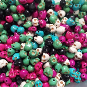 Skull Beads in a Variety of Colors, Set of 25, 7.5x9mm, Comes in a random mix of white, black, green, blue, purple and pink