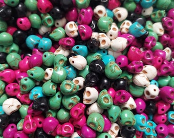 Skull Beads in a Variety of Colors, Set of 25, 7.5x9mm, Comes in a random mix of white, black, green, blue, purple and pink