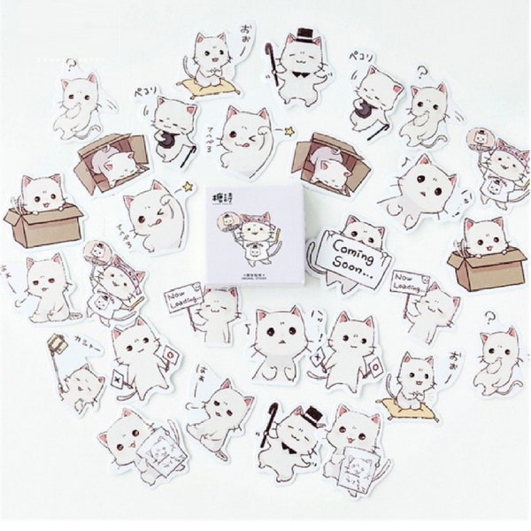 White Kitten Stickers, Set of 56, Coming Soon, Loading, Cat in a box, Tap dancing kitten and more