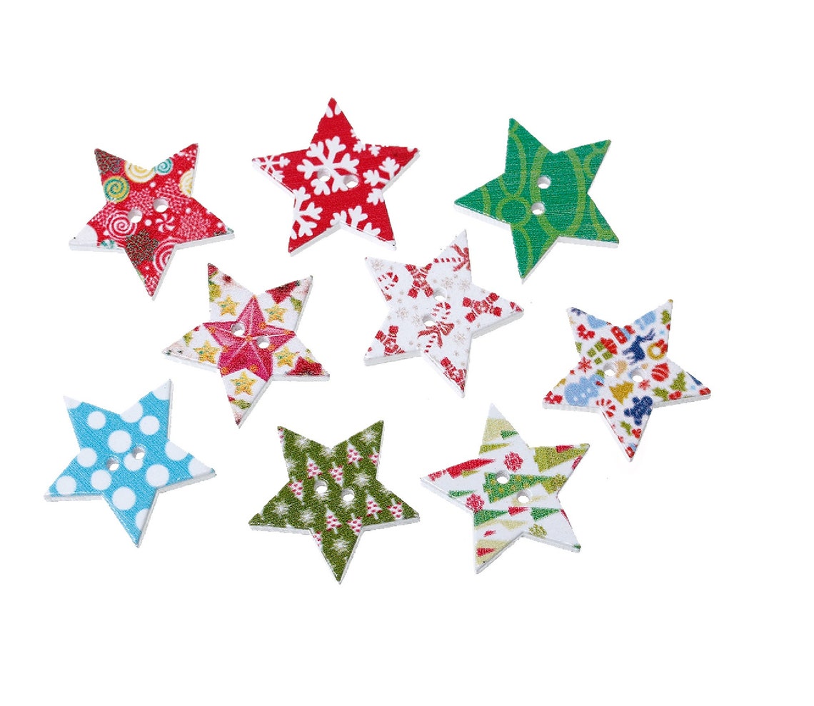 Christmas Star Wooden Button With 2 Holes and Various Holiday Etsy
