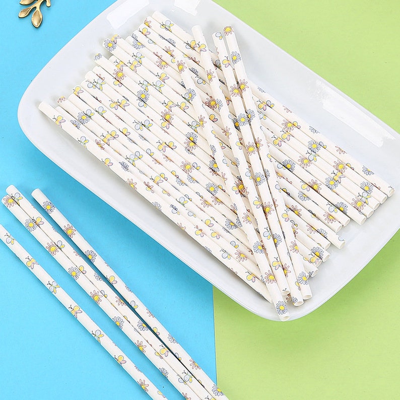 Daisy and Butterfly Straws Set of 25 Eco Friendly Straws Garden Tea Party Straws Flower Paper Straws