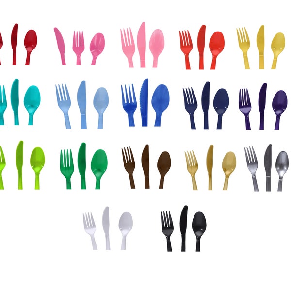 Kunststoff-Gabel, Löffel und Messer-Set in Volltonfarben, Set von 42 oder 48, 16 von jedem, Sie wählen die Farbe, ideal zum Mischen und Abgleichen