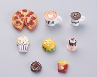 Miniature Resin Food Set Cabochons, Comes with 40 pieces- French Fries, Hamburgers, Popcorn, Pizza, Cake, Coffee Cups, and a box