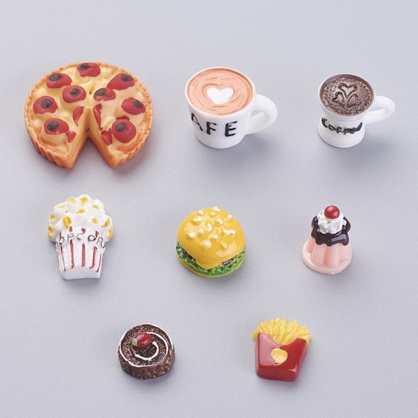Miniature Resin Food Set Cabochons, Comes with 40 pieces- French Fries, Hamburgers, Popcorn, Pizza, Cake, Coffee Cups, and a box