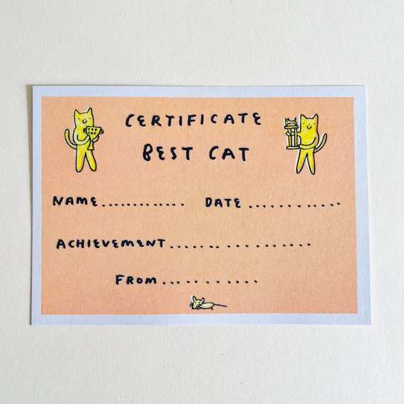 Pet certificate for best cat, printed gift for cat/pet owner