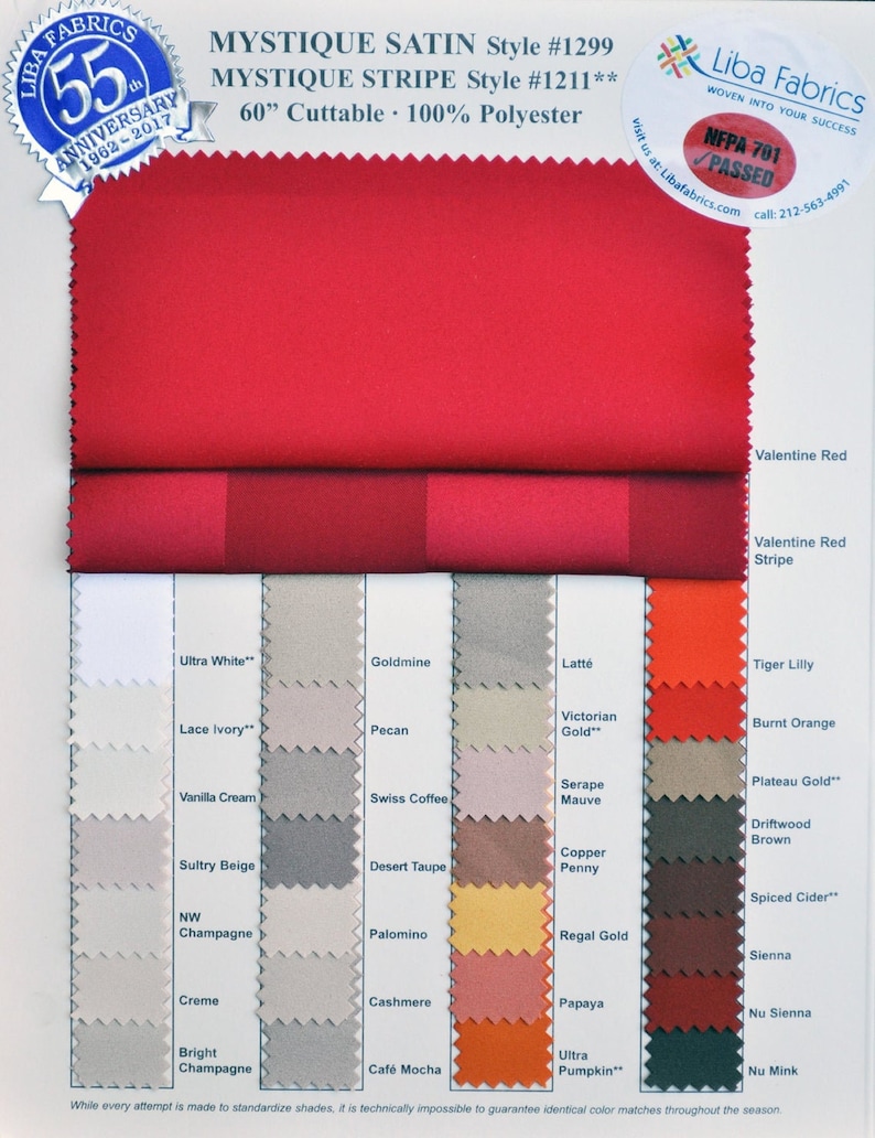 Peut inclure: Un nuancier de couleurs montrant diff&eacute;rentes nuances de tissu. Le nuancier comprend des couleurs comme Ultra White, Goldmine, Latt&eacute;, Tiger Lilly, Lace Ivory, Pecan, Victorian Gold, Burnt Orange, Vanilla Cream, Swiss Coffee, Serape Mauve, Plateau Gold, Sultry Beige, Desert Taupe, Copper Penny, Driftwood Brown, NW Champagne, Palomino, Regal Gold, Spiced Cider, Creme, Cashmere, Papaya, Sienna, Bright Champagne, Caf&eacute; Mocha, Ultra Pumpkin, Nu Sienna, et Nu Mink. Le nuancier est intitul&eacute; "Mystique Satin Style #1299" et "Mystique Stripe Style #1211".
