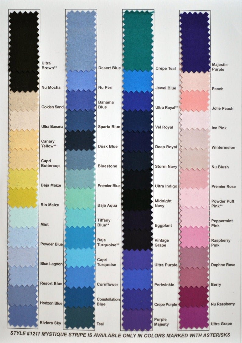 Może przedstawiać: Pr&oacute;bki tkanin w r&oacute;żnych odcieniach, od czerni do r&oacute;żu. Każda pr&oacute;bka jest oznaczona nazwą koloru, np. "Desert Blue" i "Raspberry Pink". Widoczny jest r&oacute;wnież tekst "STYLE #1211 MYSTIQUE STRIPE".