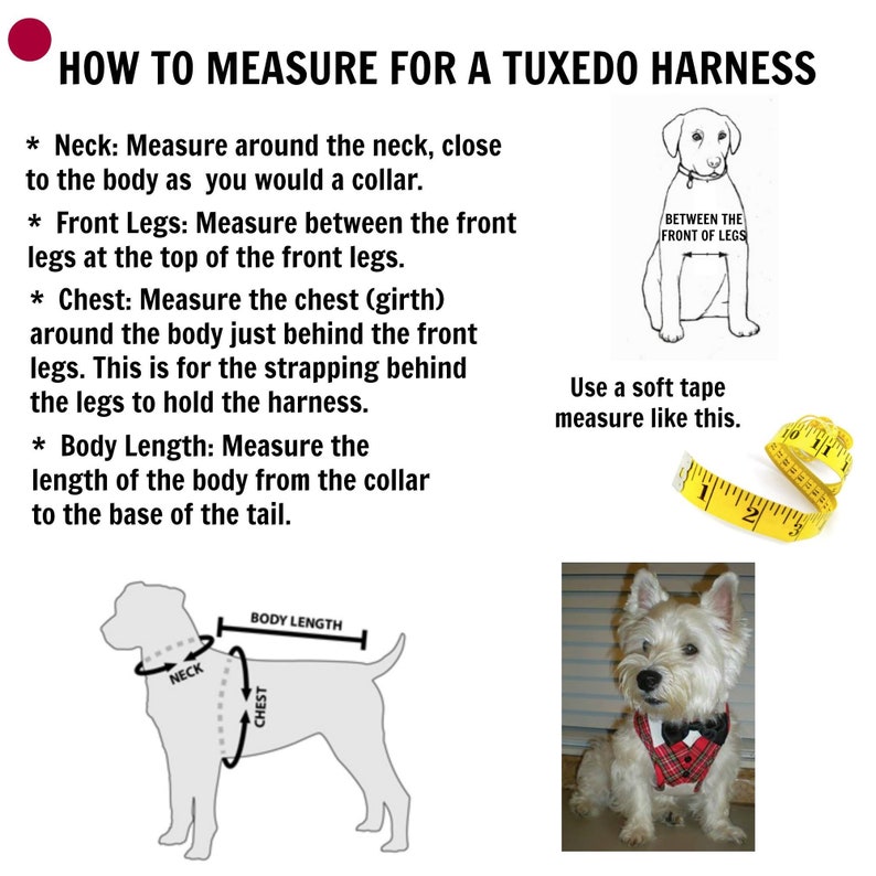 Peut inclure: Diagramme montrant comment mesurer un chien pour un harnais de smoking. Le diagramme montre un chien avec des lignes indiquant o&ugrave; mesurer le cou, la poitrine et la longueur du corps. Le texte explique comment mesurer chaque partie du corps du chien.
