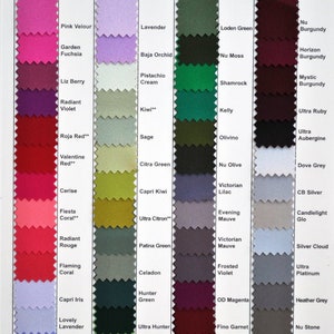 Peut inclure: Un nuancier de couleurs avec des &eacute;chantillons de tissu dans diff&eacute;rentes nuances de rose, lavande, vert et bordeaux. Les &eacute;chantillons sont &eacute;tiquet&eacute;s avec des noms comme "Pink Velour", "Lavender", "Loden Green" et "Nu Burgundy".