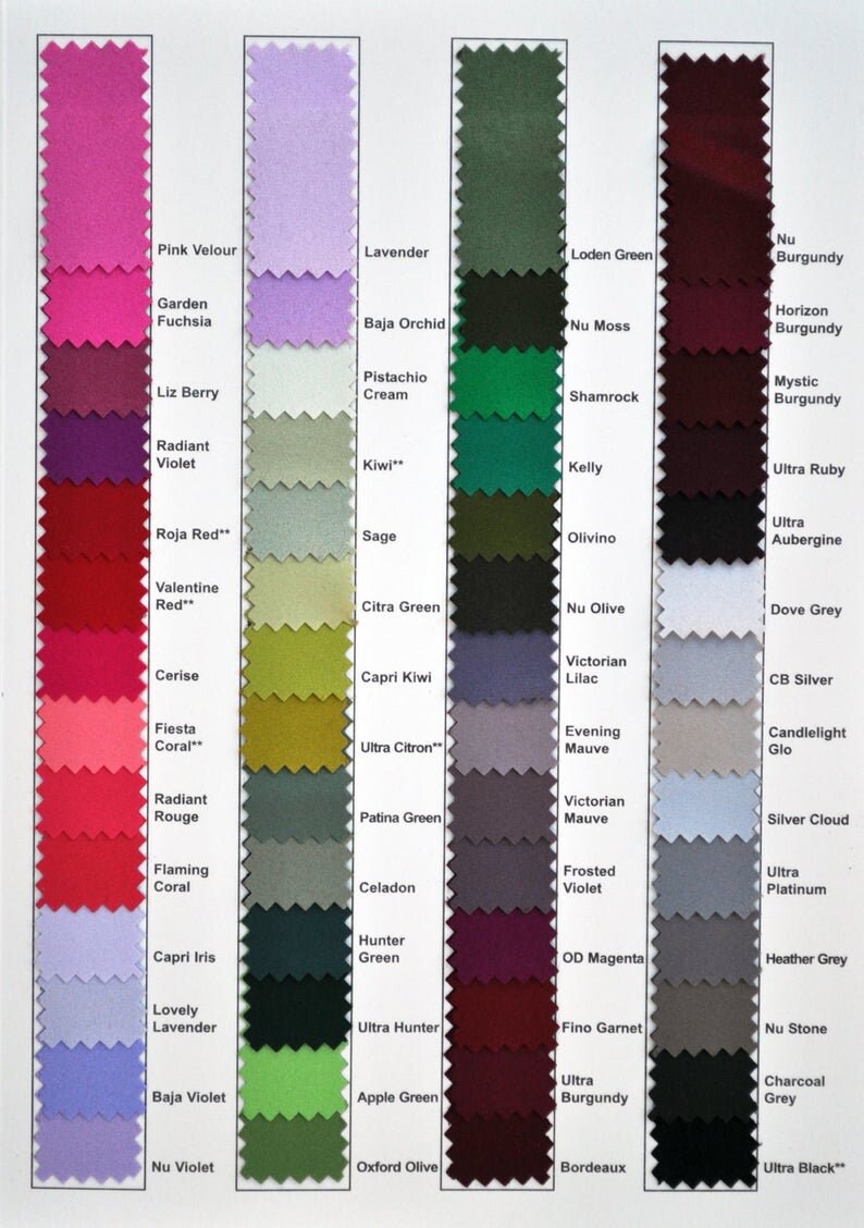 Peut inclure: Un nuancier de couleurs avec des &eacute;chantillons de tissu dans diff&eacute;rentes nuances de rose, lavande, vert et bordeaux. Les &eacute;chantillons sont &eacute;tiquet&eacute;s avec des noms comme "Pink Velour", "Lavender", "Loden Green" et "Nu Burgundy".