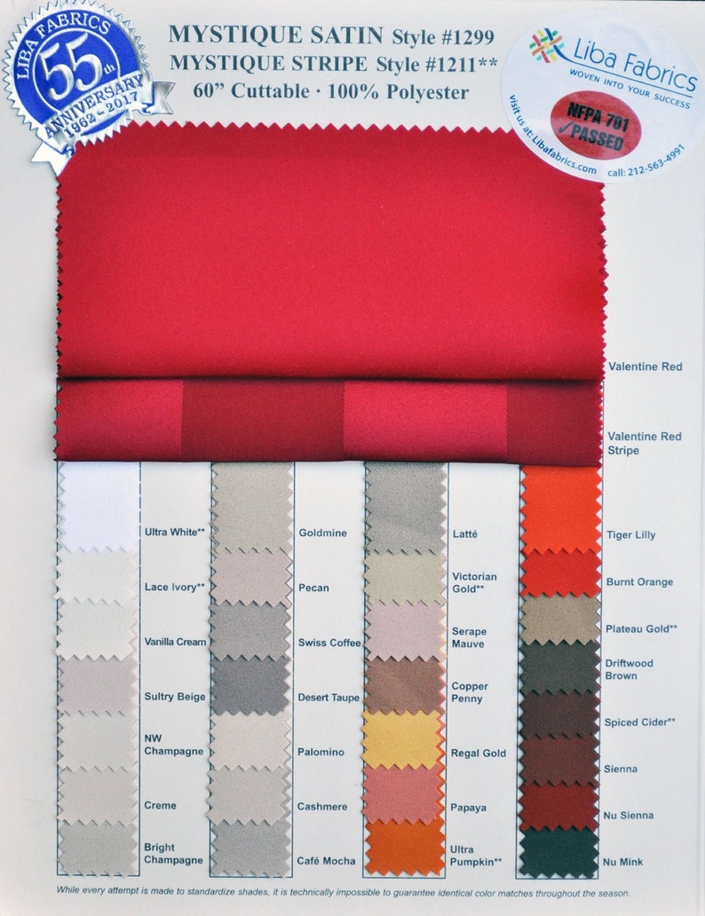 Może przedstawiać: Karta pr&oacute;bek tkanin firmy Liba Fabrics przedstawia r&oacute;żne pr&oacute;bki tkanin. G&oacute;rna część zawiera dużą pr&oacute;bkę czerwonego satyny Mystique. Poniżej znajdują się pr&oacute;bki kolor&oacute;w z nazwami takimi jak Ultra White, Goldmine i Tiger Lilly. Tekst zawiera "MYSTIQUE SATIN" i "100% Poliester."