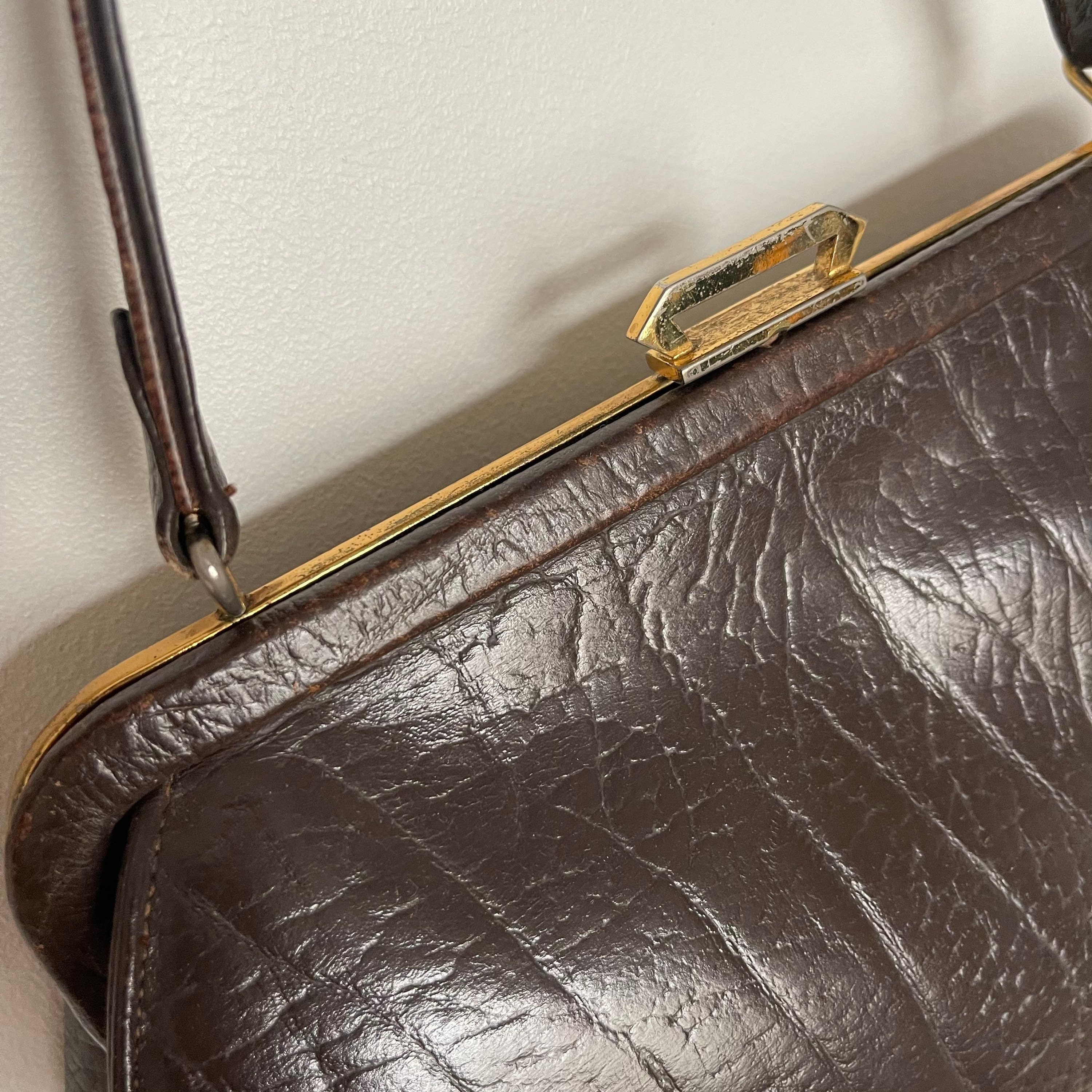 Vintage handbag, top handle purse, brown leather, gold clasp, doctors