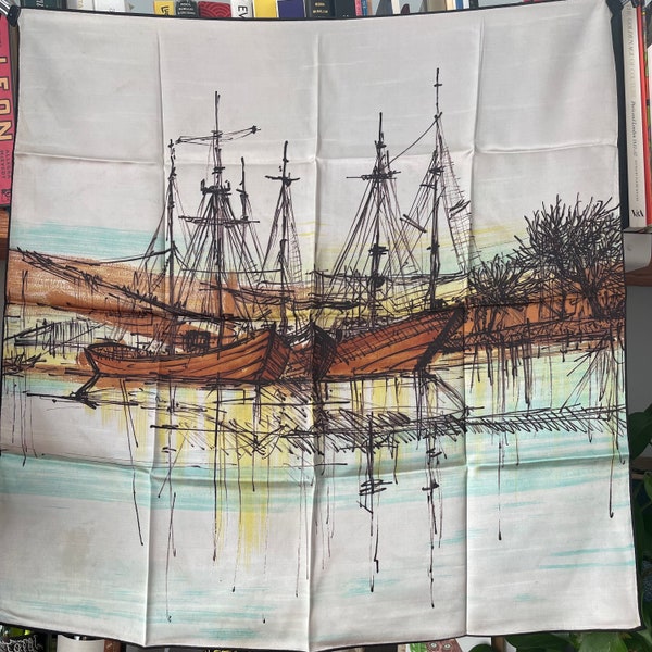 1960s scarf,vintage scarf,square, nautical, boats, sail boat, sails, 60s,vintage silk, scarf, headscarf, silk, sails, 1950s scarf