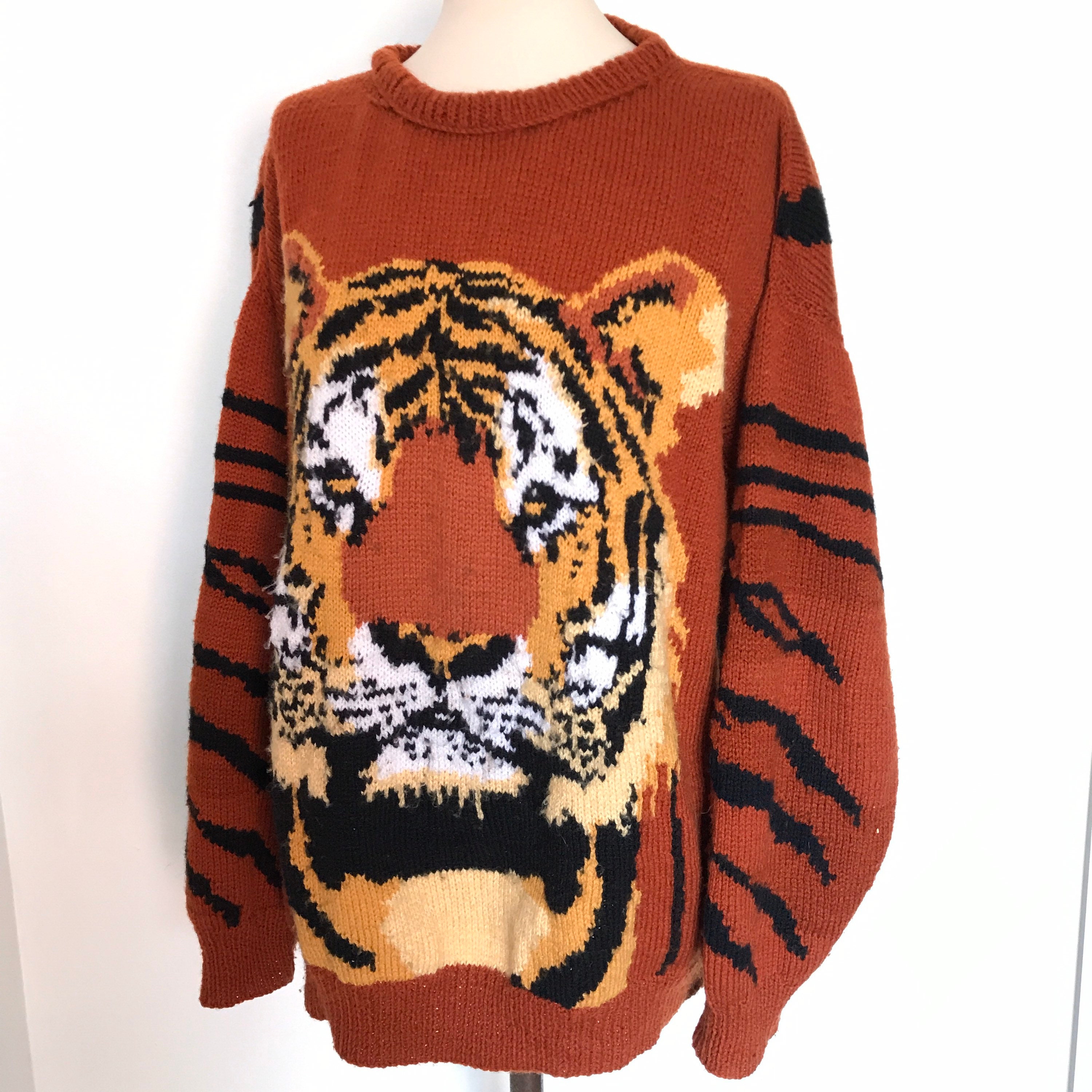 Vintage hand knit, tiger, tiger sweater, novelty, tiger king, oversized,  handknitted, festival, big cat, tiger jumper, Joe Exotic