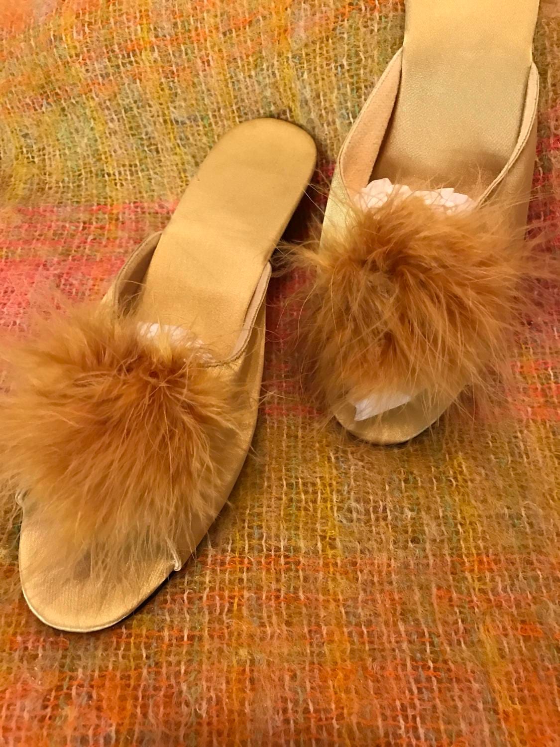 Vintage Slippers Gold Marabou Feather Budoir Mules Wedge