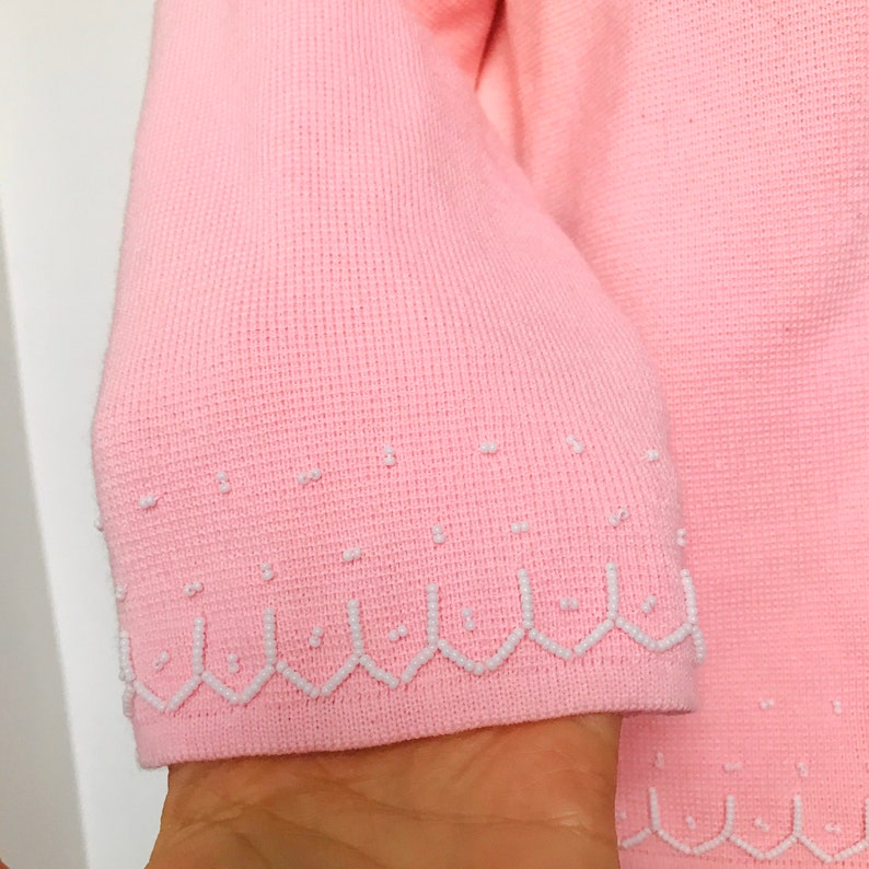 Vintage suit,50s suit,60s suit,Mod suit,knitted suit,candy pink,straight skirt,jacket,beaded,UK 16,elasticated skirt,wedding,white beading,
