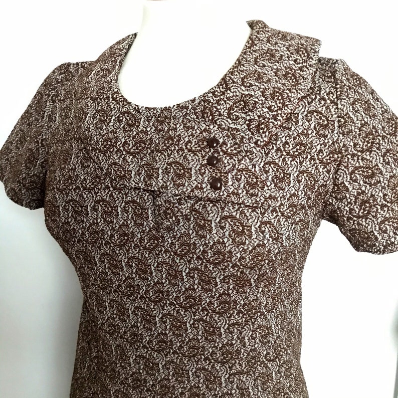 crimplene 1960s dress shift vintage 60s, scooter girl gold UK 12 sparkly dress Paisley Mod dress shift dress brown dress