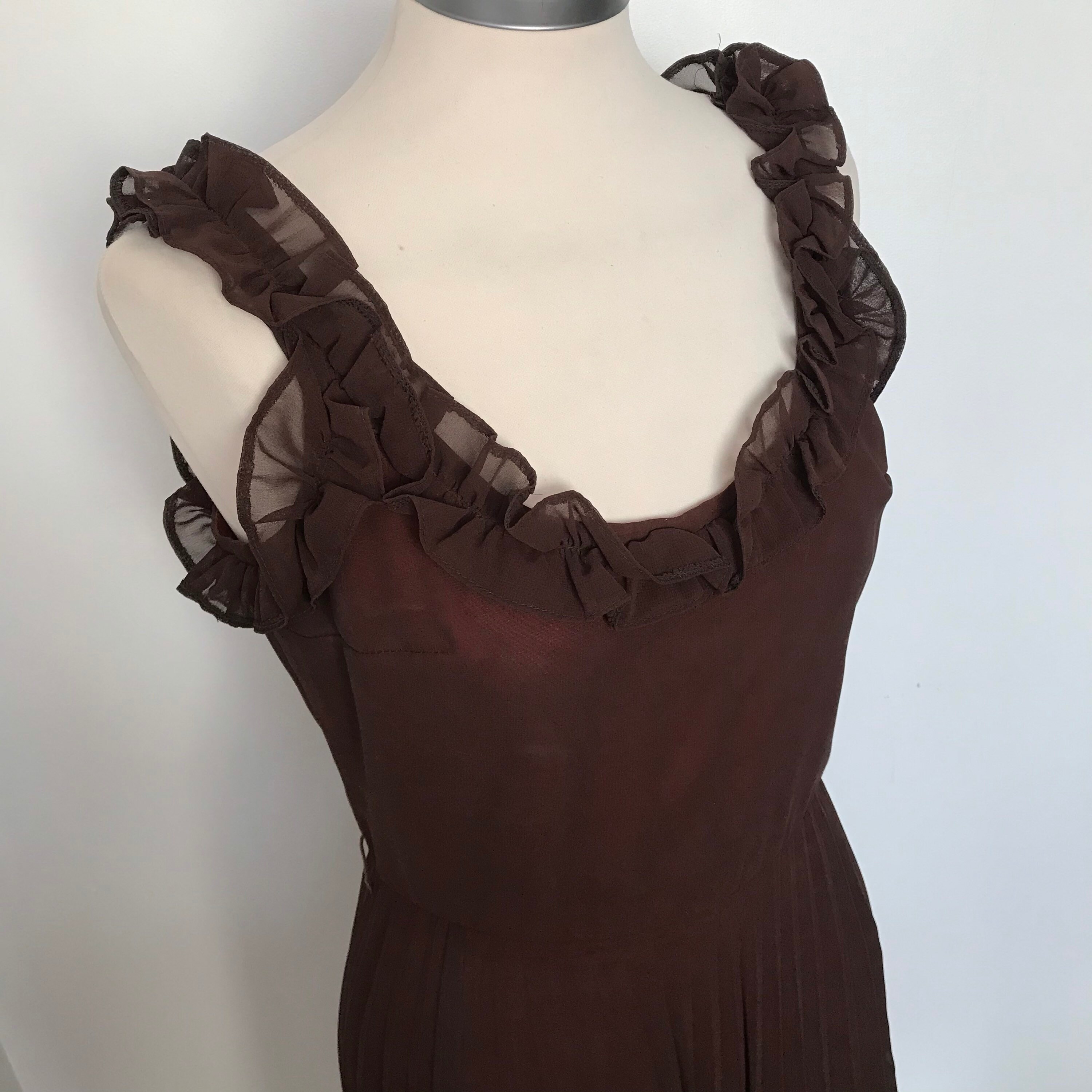 Image of S Dress, Evening Brown Pleated, Chiffon, Frills, Tina Warren, Uk , A Line, S, Mod, Party Flared Skirt
