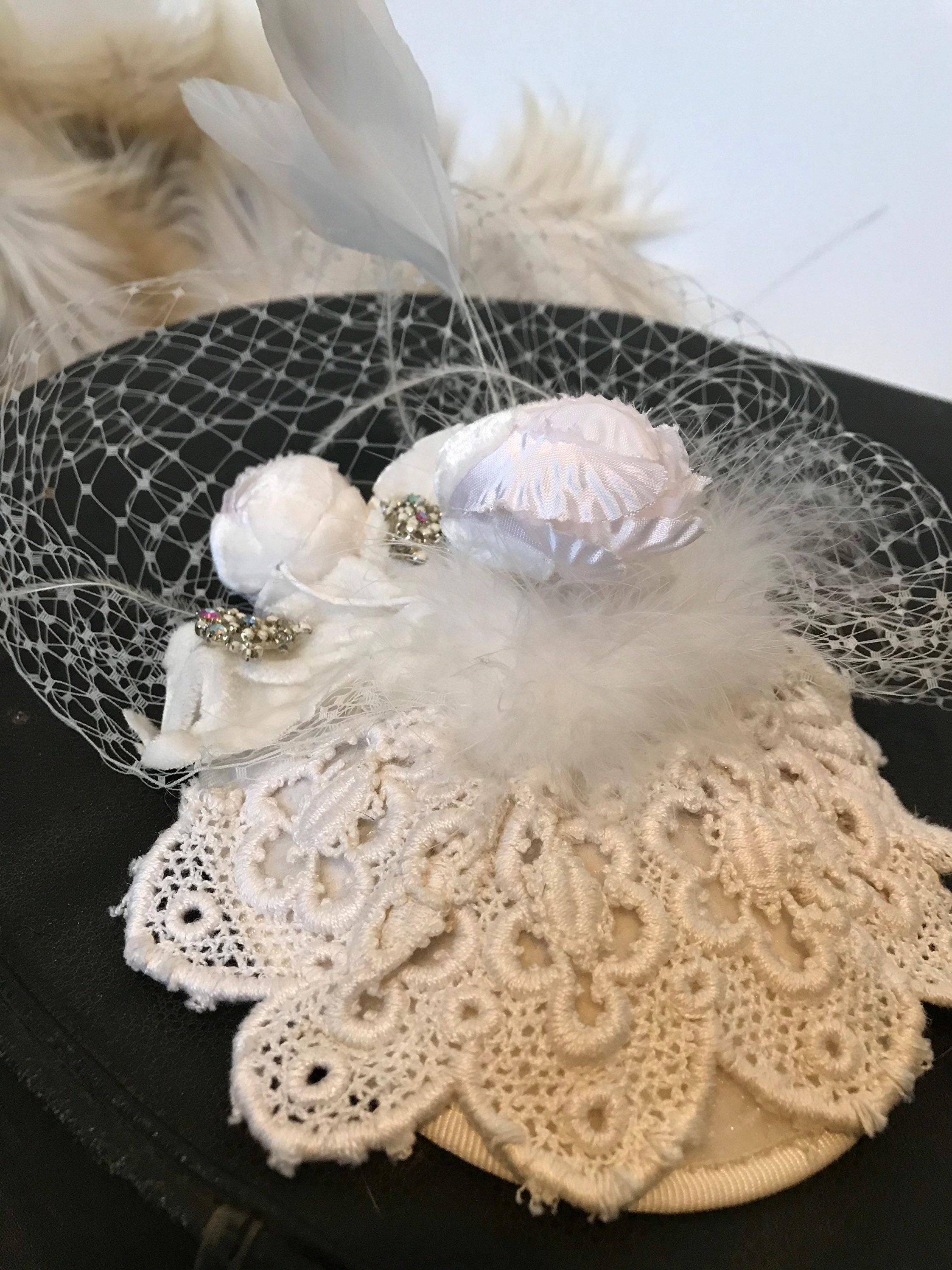 vintage fascinator, mini hat, roses, diamanté, handmade, netted veil