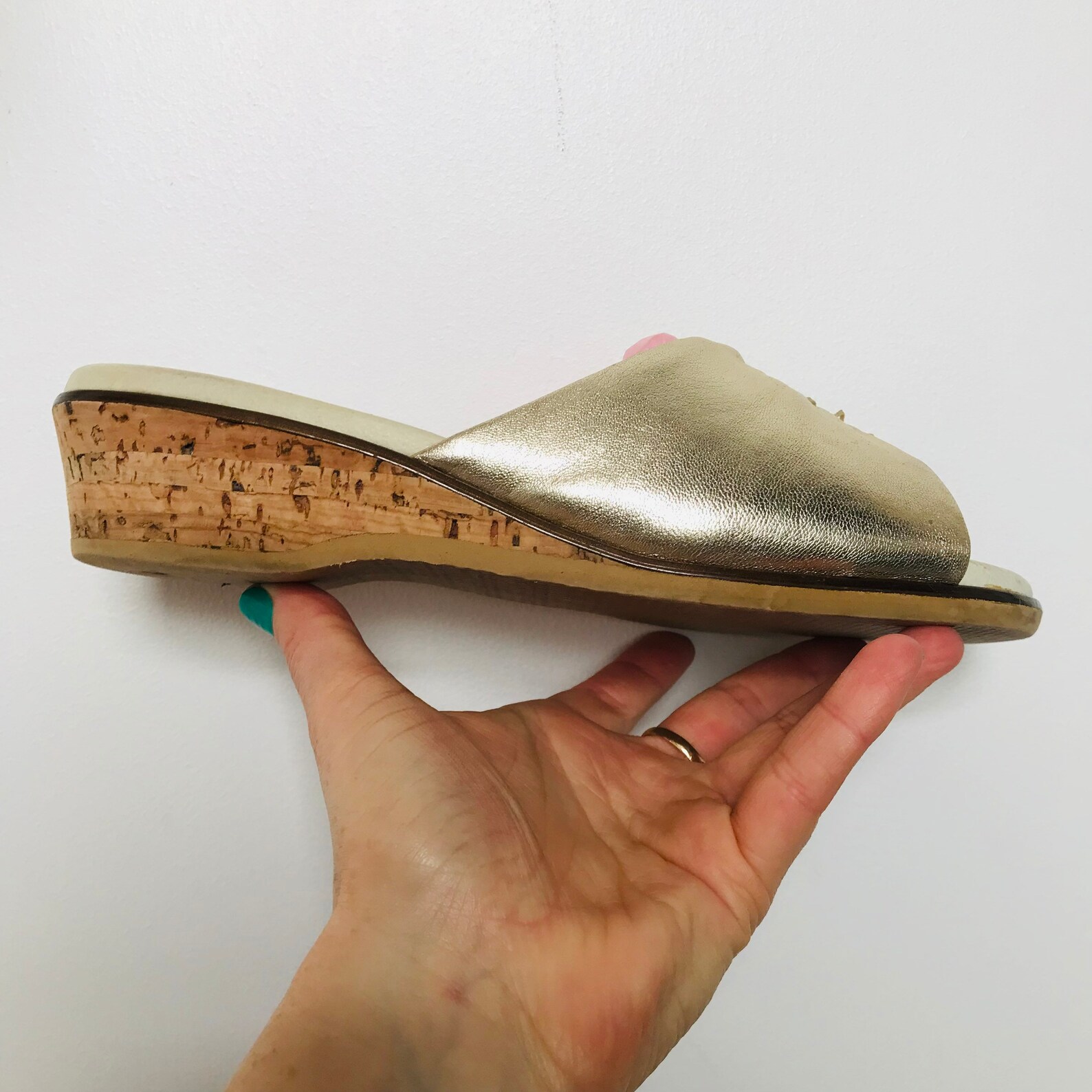 Vintage shoes vintage mules Gold leather cork Wedges wedge | Etsy