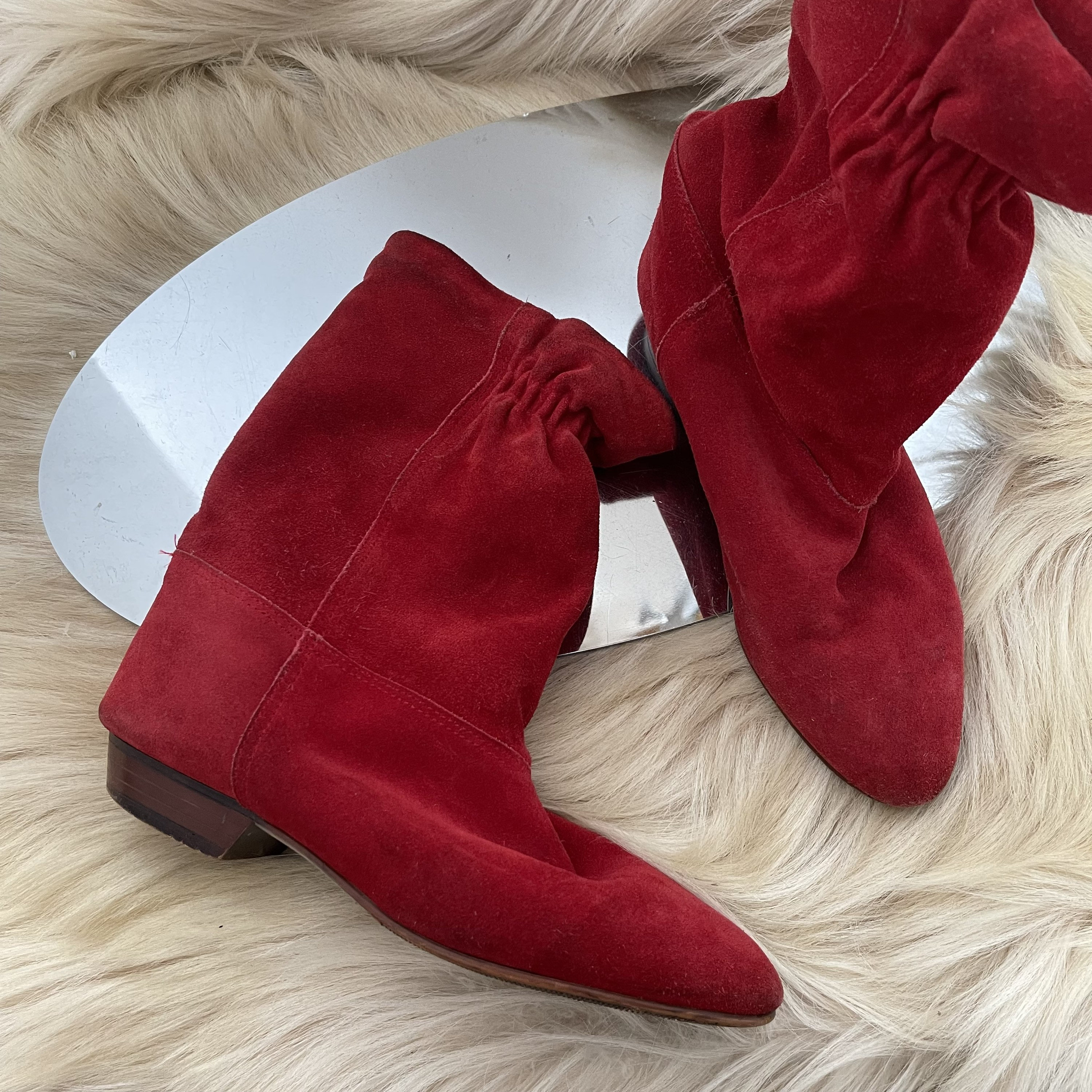 Vintage boots, red boots, 1980s boots, 80s booties, red suede, pixie ...