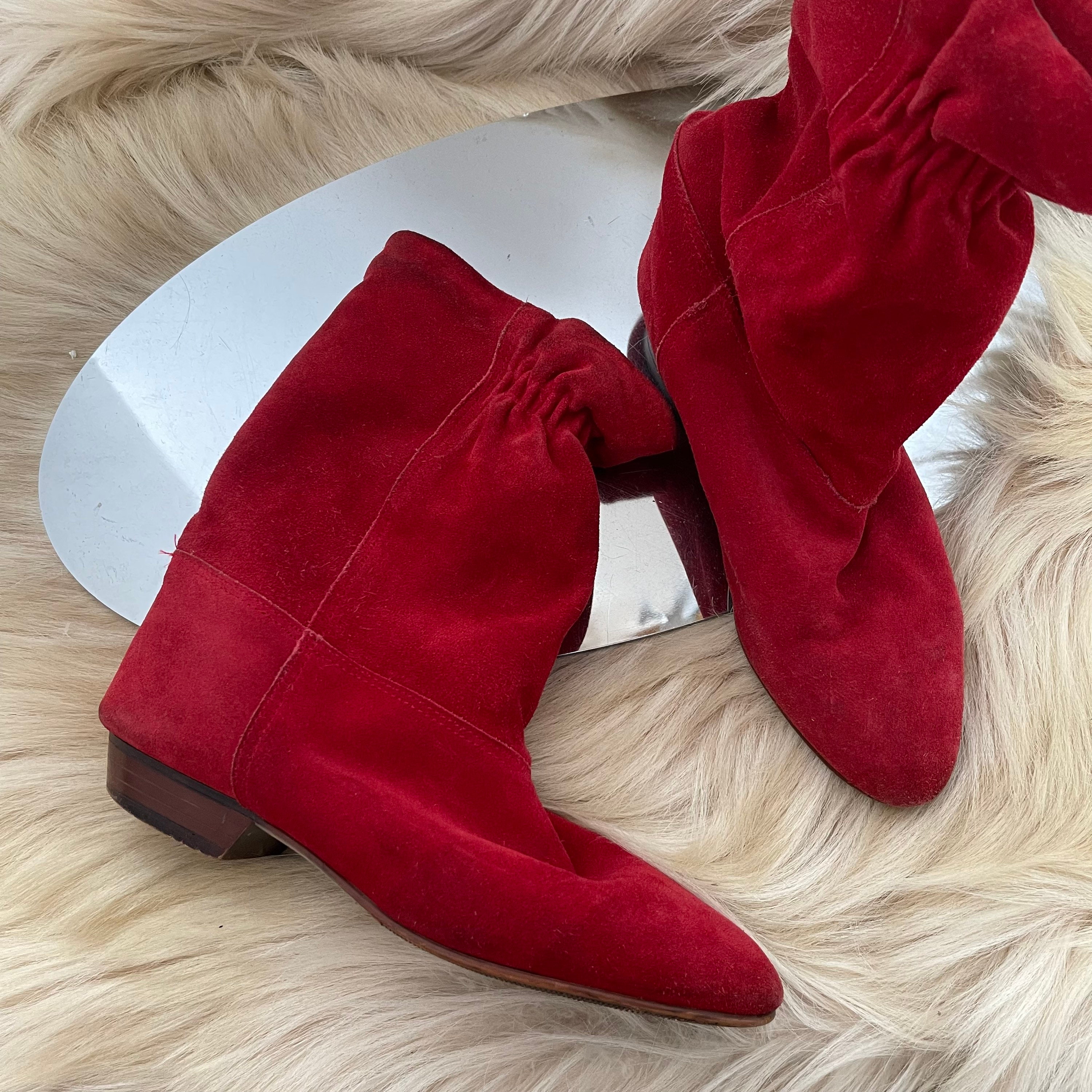 Vintage boots, red boots, 1980s boots, 80s booties, red suede, pixie