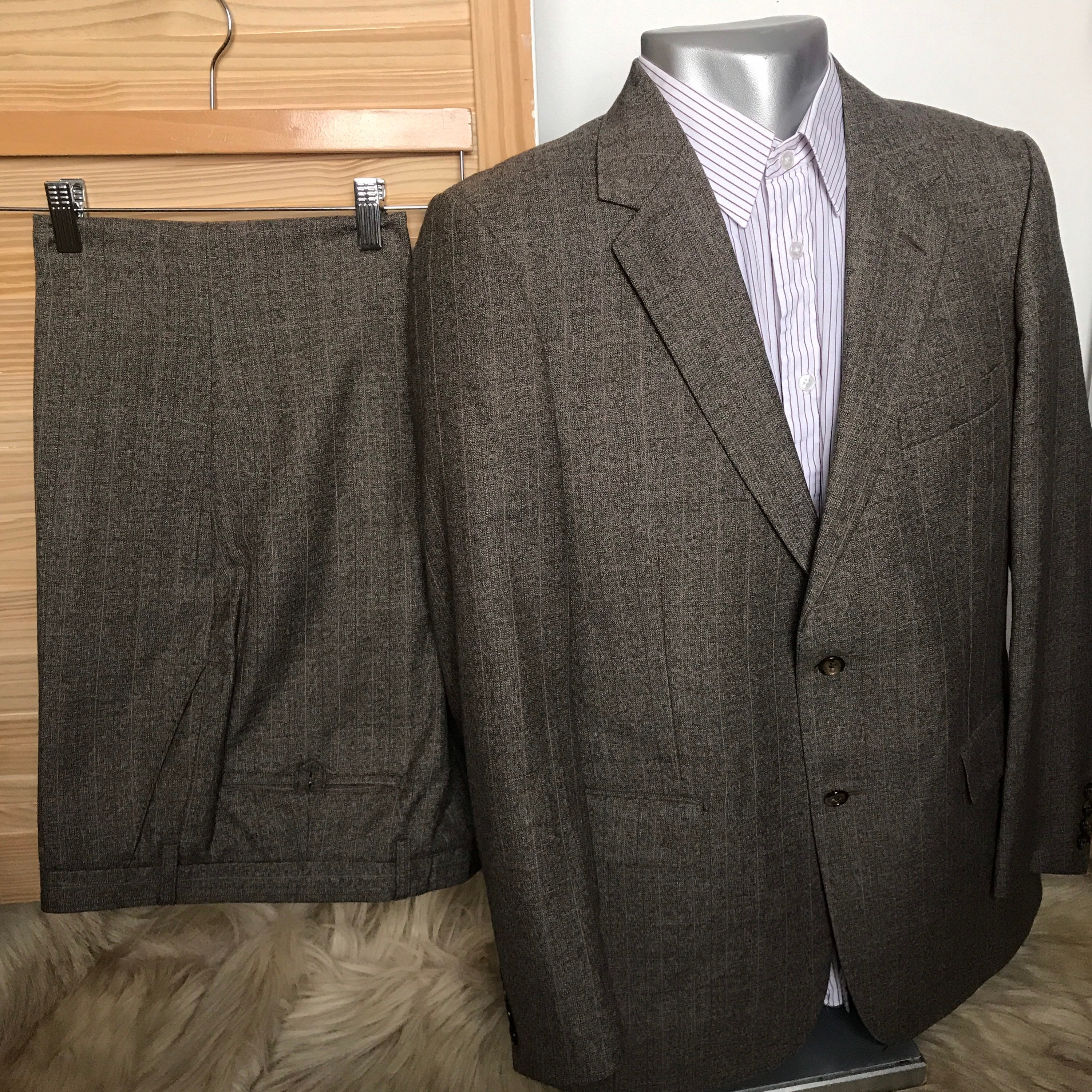 Image of 1970S Suit, Mens Brown, Stripe, Wool Mix, Check, Slim Cut, 40" Chest 32" Leg Mod, 70S, Wedding At Michael