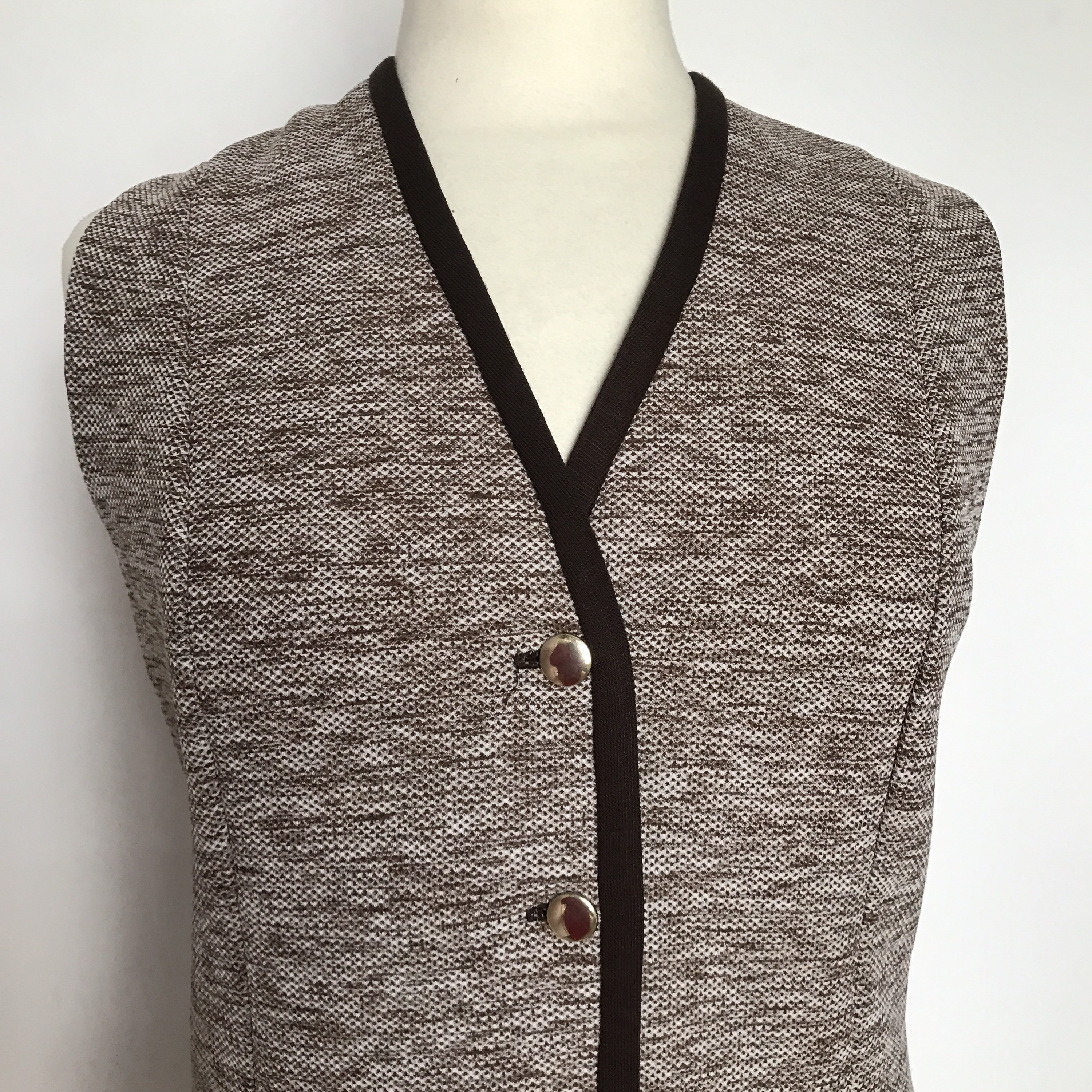 Image of Vintage Vest, Mod Waistcoat, Crimplene Waist Coat, Brown, Brown Marl , Longline, S, Vintage Waistcoat, S, Uk