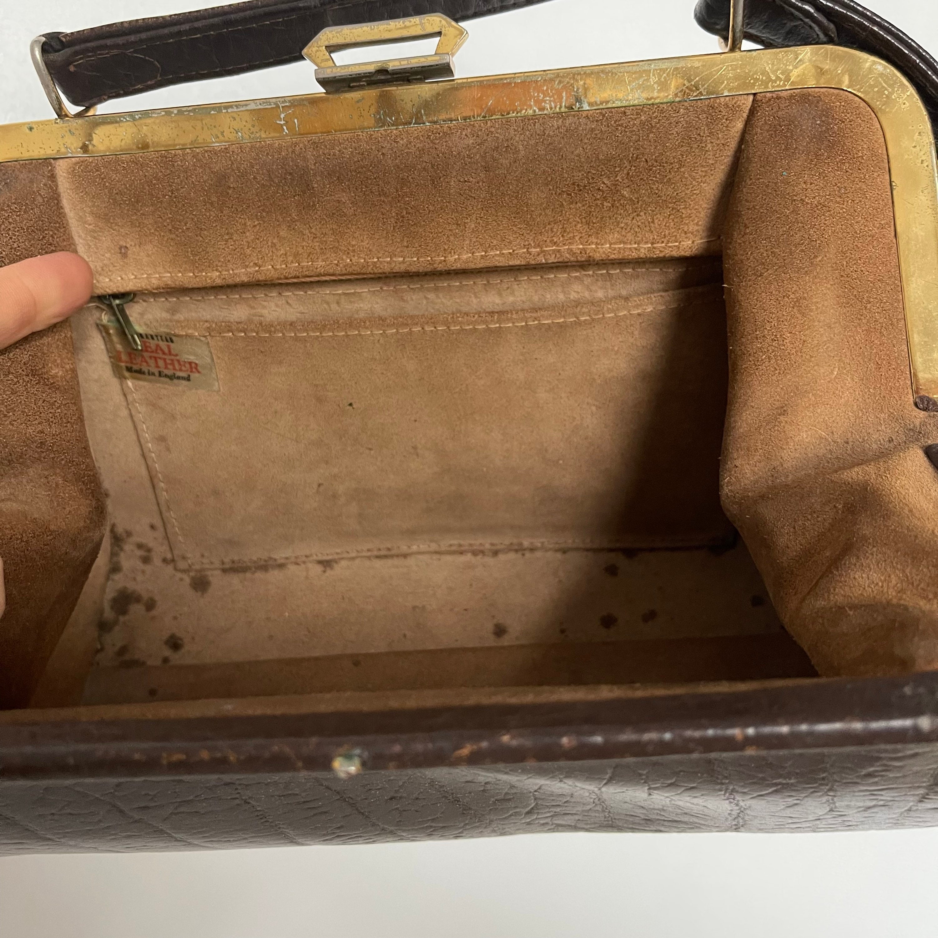 Vintage handbag, top handle purse, brown leather, gold clasp, doctors
