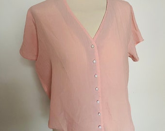 Vintage shirt, pink blouse, crepe shirt, polyester, Crinkle blouse, 80s shirt, UK 12, pink shirt, v neck shirt