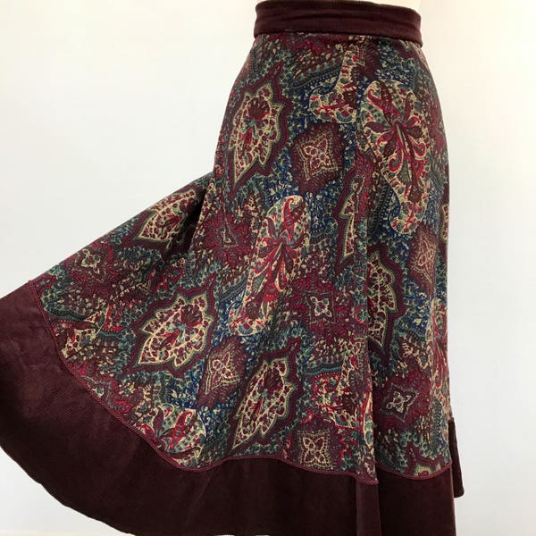 1970s skirt Liberty print Veruna Wool paisley burgundy corduroy trim hih waisted folk UK 8  Winter hippie