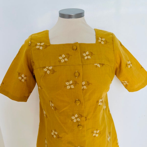 1960s blouse, 60s top, Mod, 60s blouse, embroidered,tunic,embroidery,UK 8,scooter girl, GoGo,tunic, midcentury, tank,mustard, yellow top