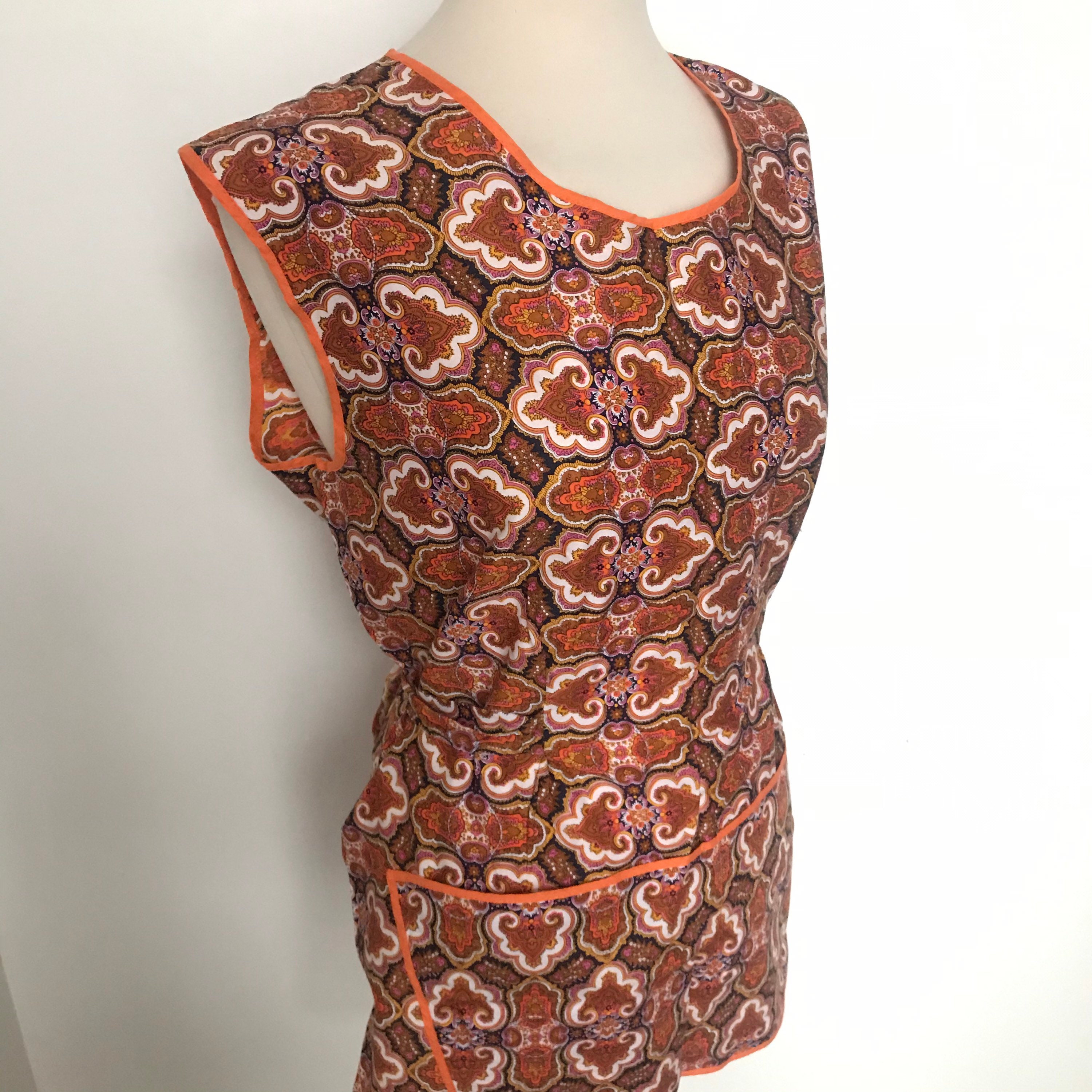 Image of Vintage Apron, Vintage House Coat, Paisley, Orange, Brown, Utility, Tabard, Kitchenalia, Pinafore Original, Nos, Hostess, S, S