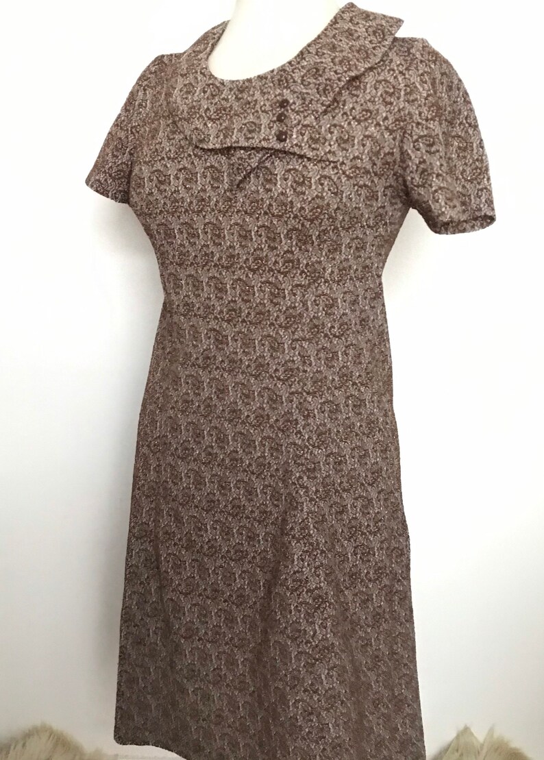 crimplene 1960s dress shift vintage 60s, scooter girl gold UK 12 sparkly dress Paisley Mod dress shift dress brown dress
