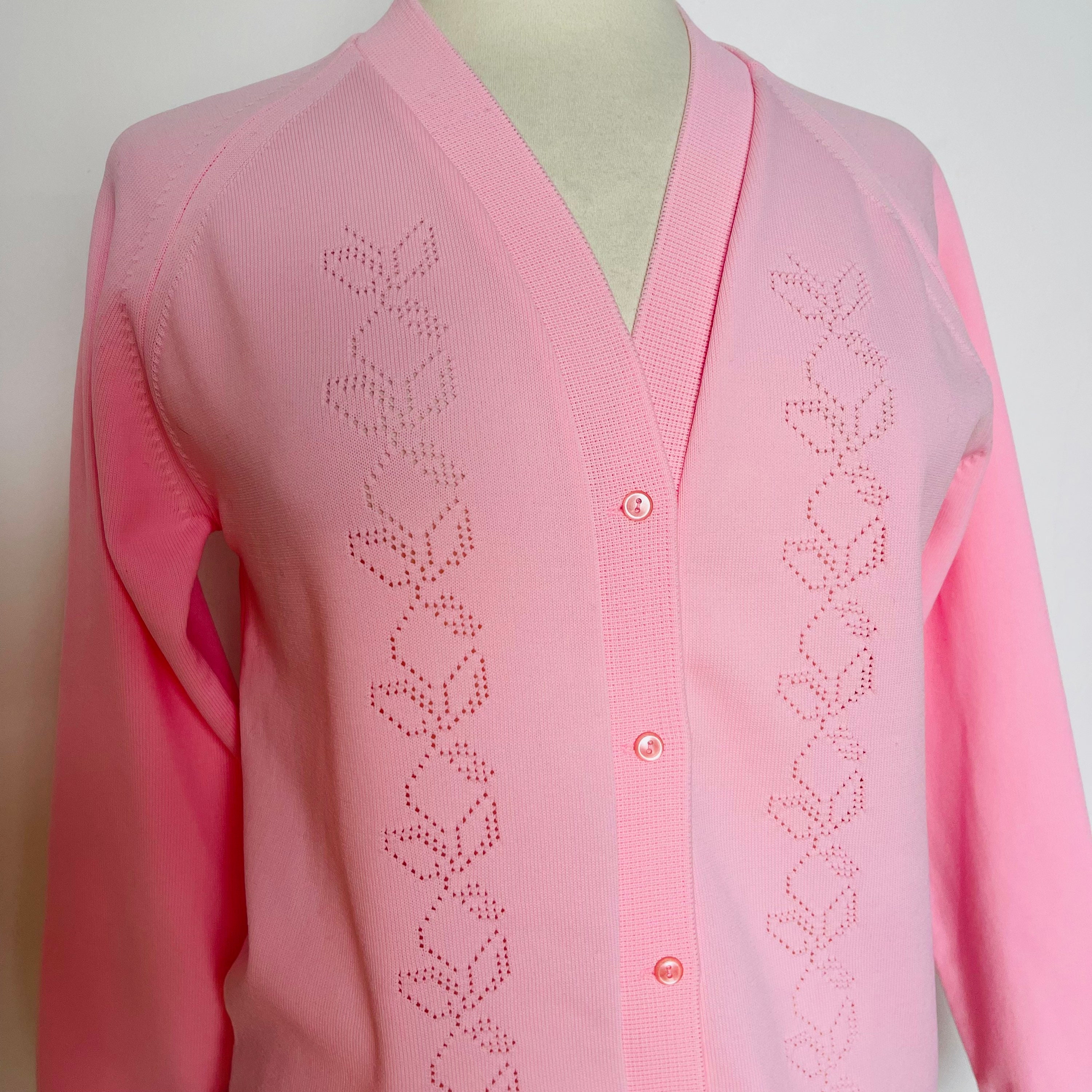 Mod cardigan, pink cardigan, sugar pink, crimplene knit, cardi, 1960s