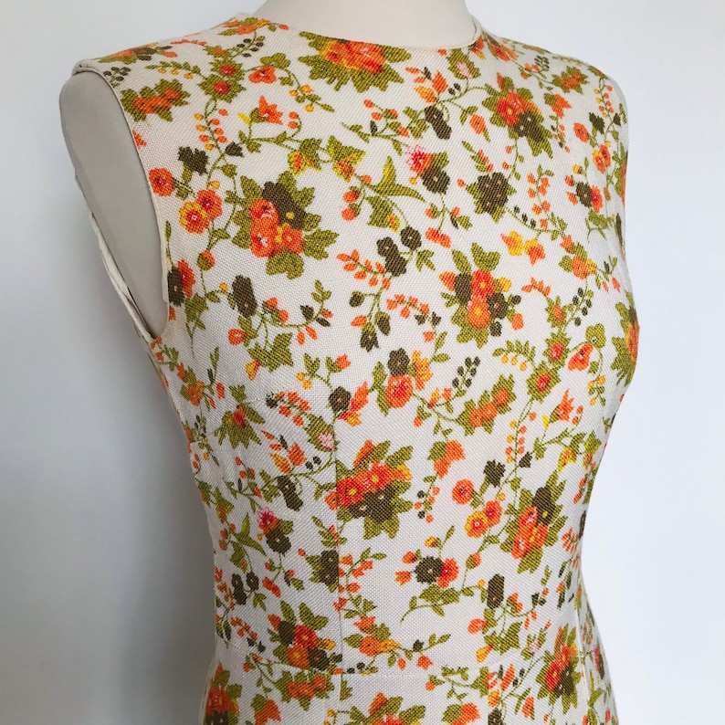 moygashel,shift 1960s 60s small floral Vintage dress Mod dress linen dress kitty Copeland scooter girl orange UK 10 GoGo 8