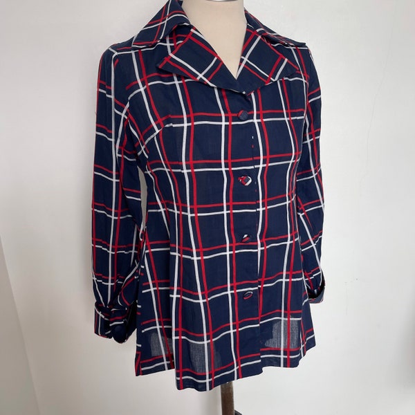 Vintage shirt, plaid shirt, check shirt, 70s shirt, blue top, cotton twill, 70s blouse,1970s top, UK 8, Scooter girl, Mod,