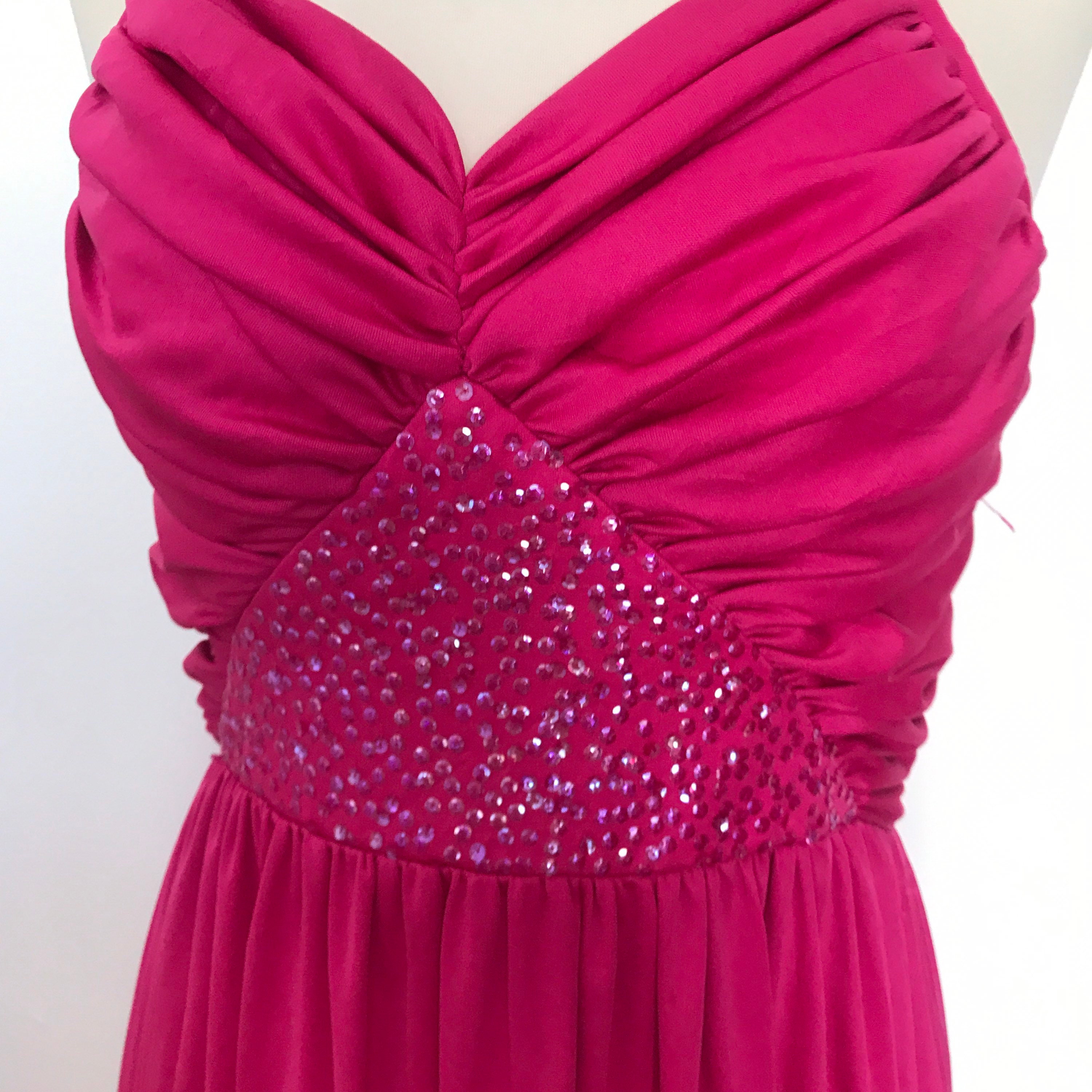Maxi dress, 1970s dress, disco, pink, fuscia, sequin, halter neck