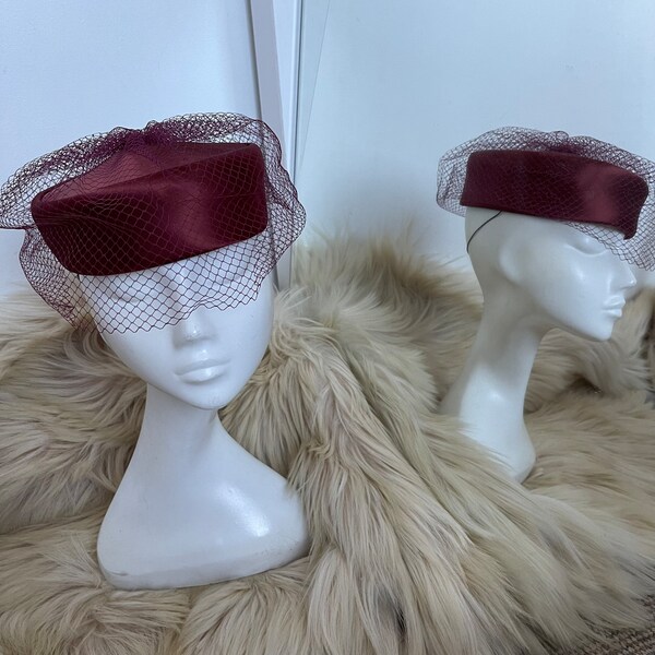1960s hat, pill box hat, 60s hat,gogo,glam,headpiece, netted hat, blood orange, 50s hat,Jackie O,costume,evening,wedding, burnt sienna